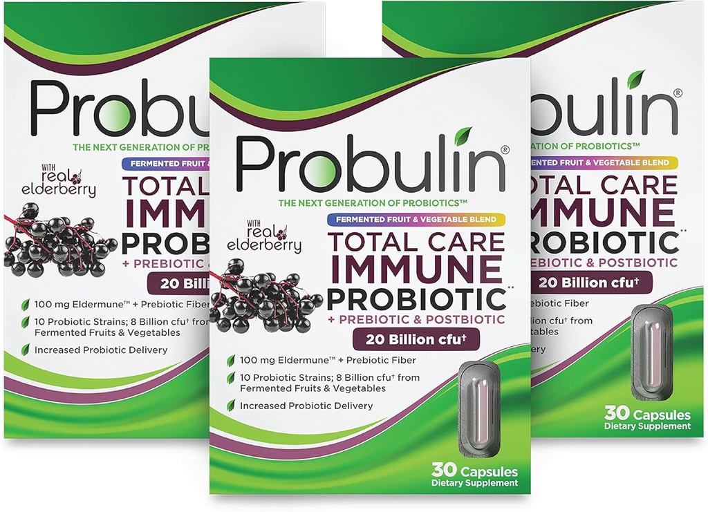 Probulin Total Care Immune = Prebiotica + Probiotica + Postbiotica + Vlierbes ter ondersteuning van Immune & Gut Health - 20 Miljard CFU - 10 Strains - 30 Vegan Capsules (pakket van 3)