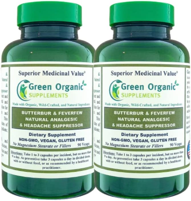 Green Organic Supplements Butterbur, Feverfew, Analgetic, Painkiller, & Heather Suppressor, 90 VCaps, High Absorbable, Non-GMO, Glutenvrije (pakket van 2)