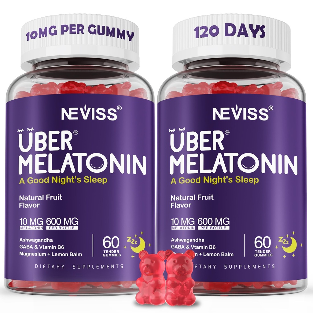Melatonine Gummies 10mg 20mg voor Volwassenen, Melatonine 10 mg per Gummy met Ashwagandha, Magnesium Glycinate, GABA, L-theanine, Valeriaanwortel & Citroenbalsem, Rest Support Supplement, Druivensmaak, 2-pack