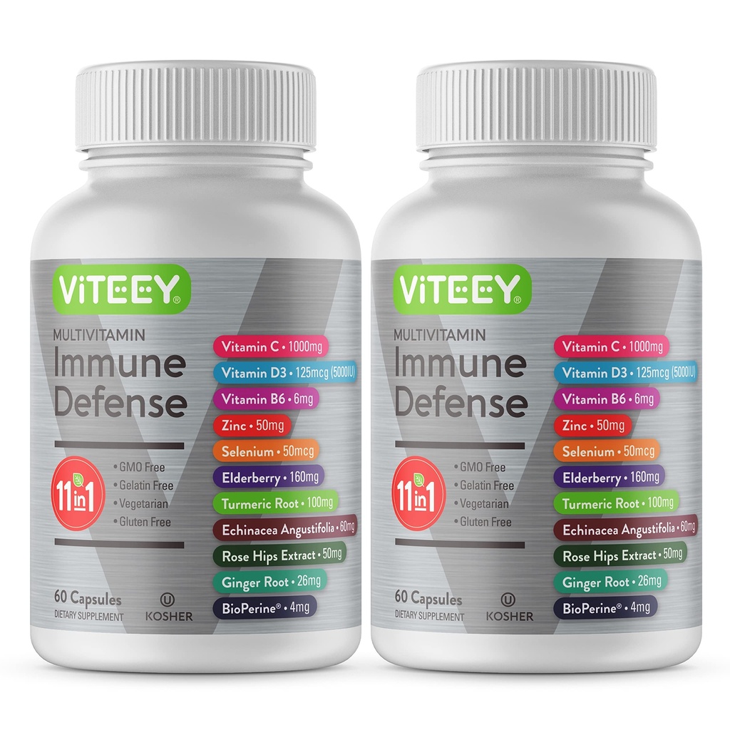 VITEEY 11 in 1 Immuun Ondersteuning Supplement - Immuun verdediging met vitamine D3, B6, Echinacea, Kurkuma, Rose-HIPS, Selenium, BioPerine, Gember, Vlierbessen Vitamine C en Zink - 120 Tel.
