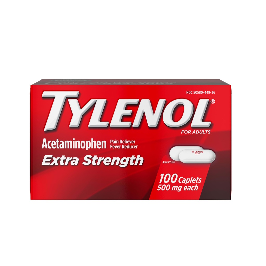 Tylenol Extra sterkte pijnstillers pillen, acetaminofen 500 mg caplets, pijnstiller en koorts-reducer medicijnen voor hoofdpijn, rugpijn, tandpijn en lichte artritis, 100 telling fles