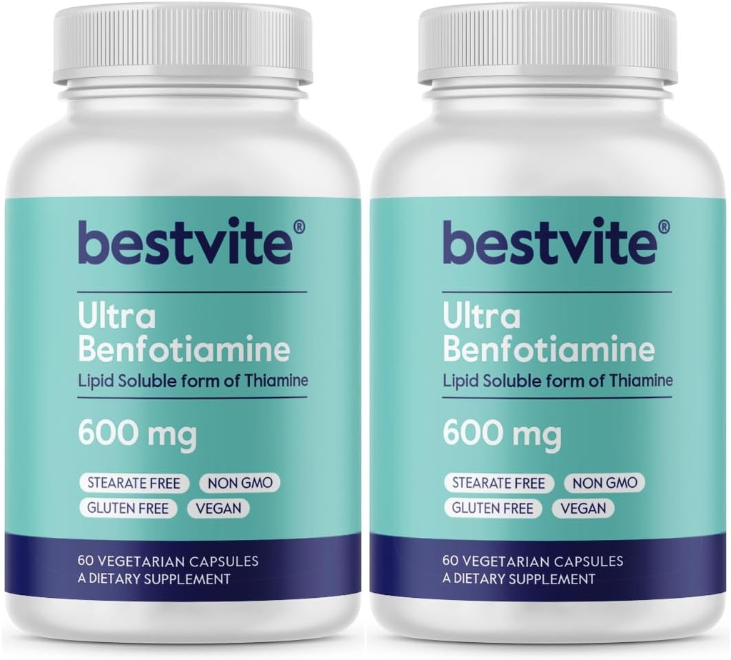 Ultra Benfotiamine 600 mg per capsule (120 Vegetarische capsules) (60x2) Geen Stearates - Geen Siliciumdioxide - Veganistisch - Niet GGO - Glutenvrij - Maximale sterkte Benfotiamine