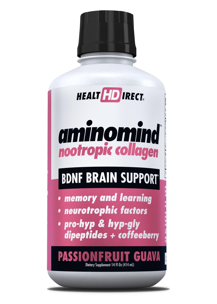GEZONDHEID DIRECT - AminoMind - Nootrope collagen Supplement voor hersenen gezondheid en BDNF - Pro-Hyp & Hyp-Gly dipeptiden, Coffeeberry Antioxidanten - Passievruchten Guava - 14 Fl Oz (28 Servers)