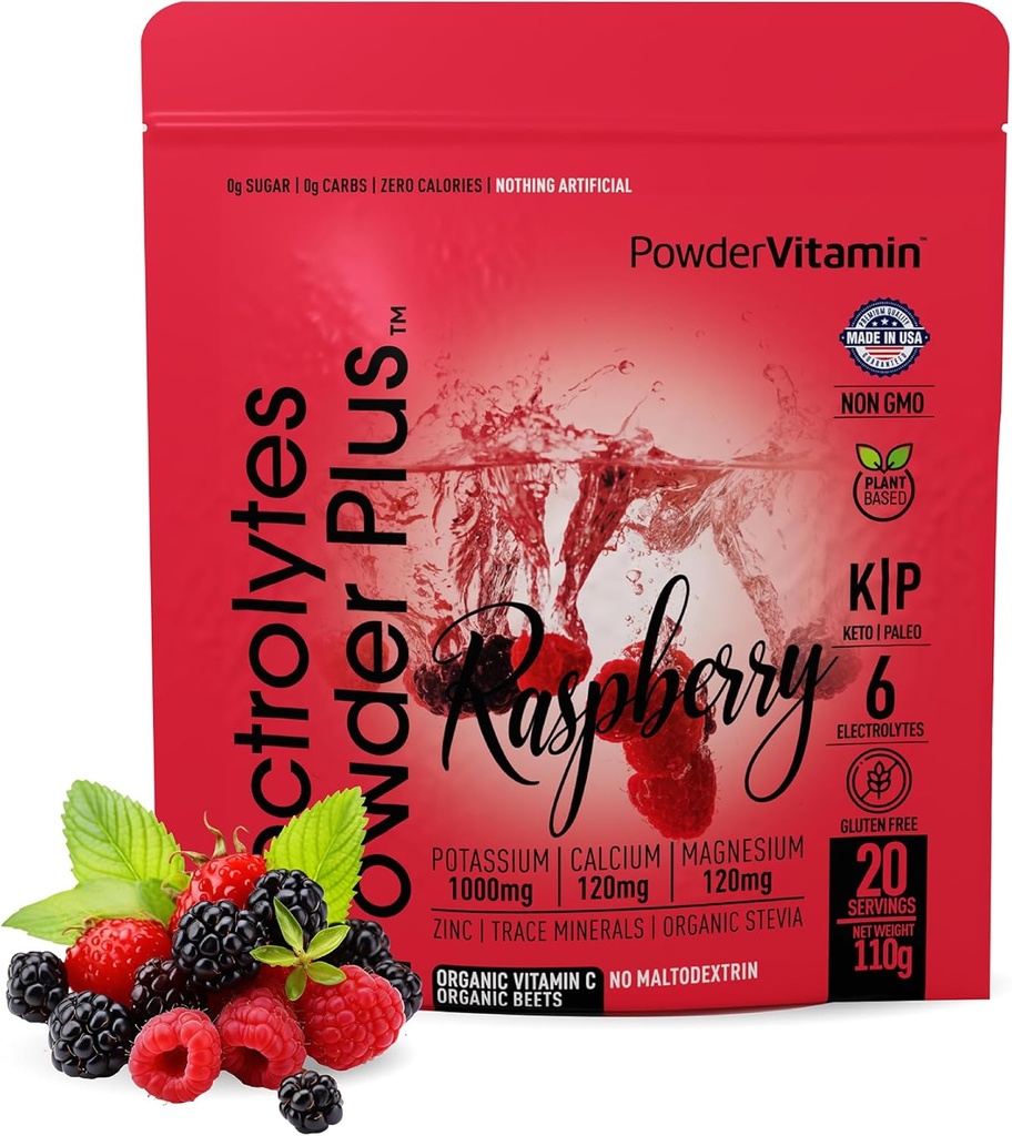 PoederVitamine Elektrolyten Poeder Plus (20 porties) Raspberry Electrolyte Poeder Zero Calorie Keto,0 Suiker, Geen Maltodextrine,1000mg Kalium,120mg Calcium,120mg Magnesium, Roze Himalaya Zout