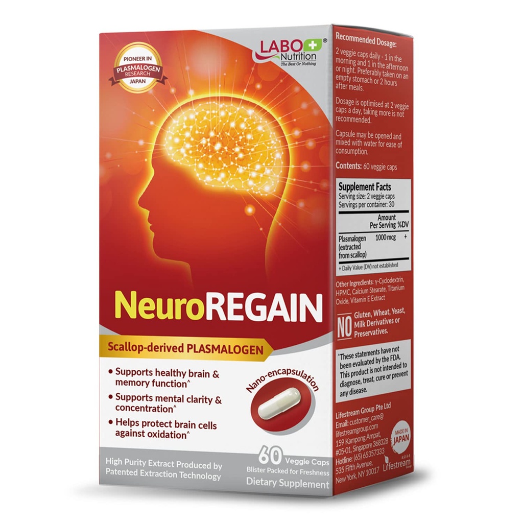 LABO Nutrition NeuroREGAIN - Scallop-derived PLASMALOGEN for Brain Deterioration, Memory, Alertness, Learning, Concentration and Other Cognitive Functions – Suitable for Seniors, Adult Men & Women