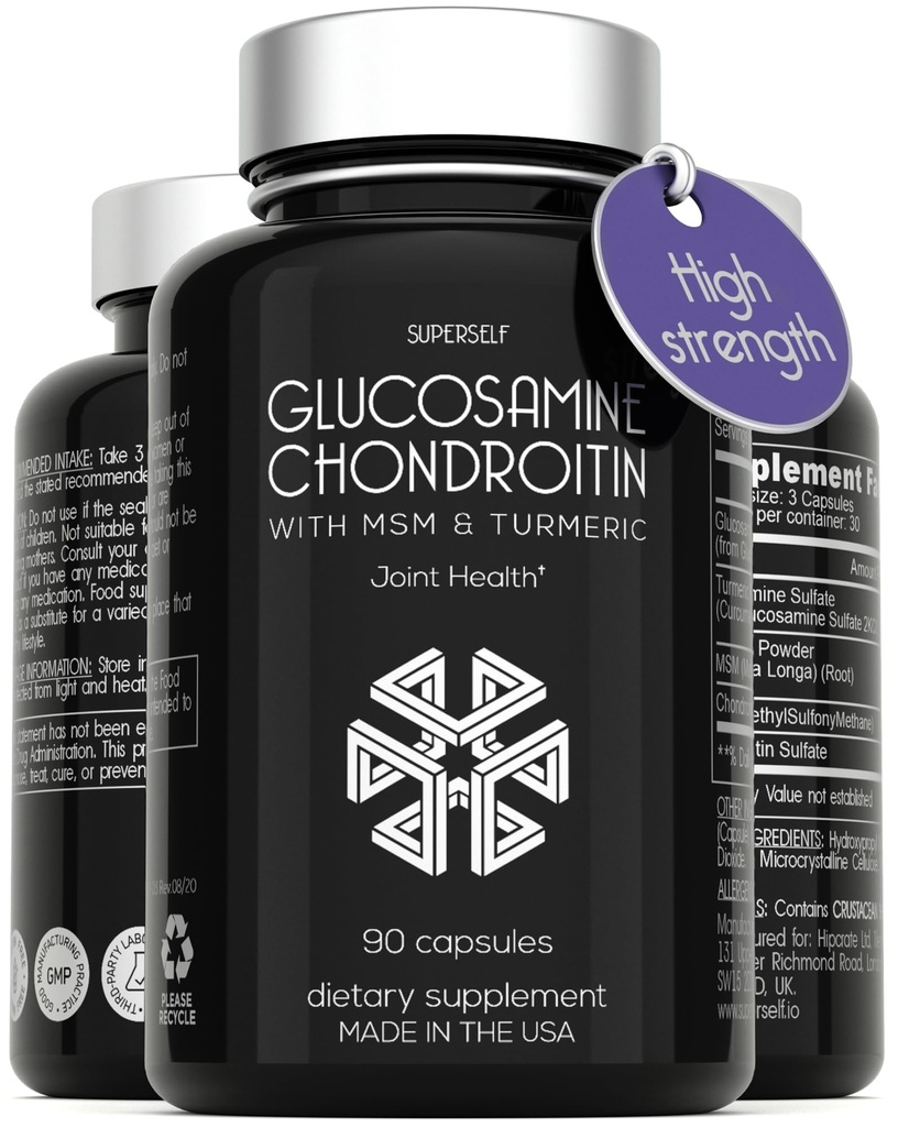 Glucosamine Chondroitin MSM met kurkuma - Hoge sterkte Joint Support Supplement voor volwassenen Mannen & vrouwen - 90 capsules - 1500mg Glucosaminesulfaat per portie