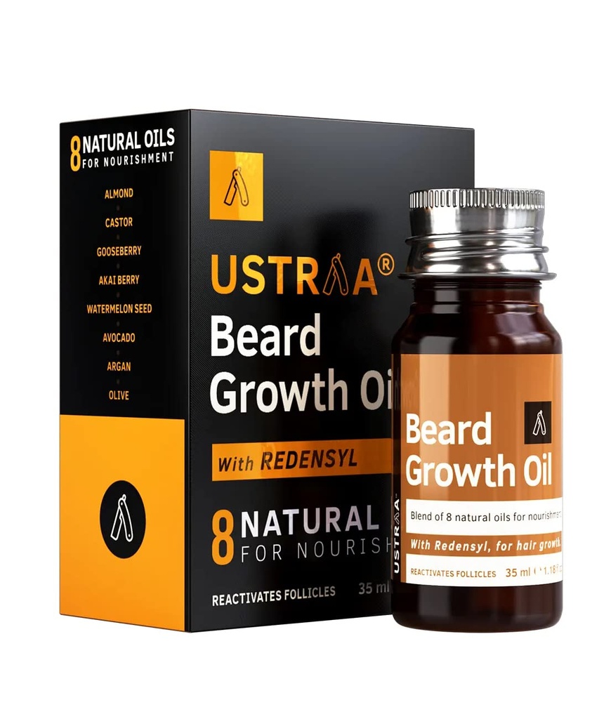 USTRAA Baardgroei olie - 1.18 Oz - Meer baardgroei, met Redensyl, 8 natuurlijke oliën waaronder Jojoba olie, vitamine E, voeding en versterking, geen schadelijke chemicaliën