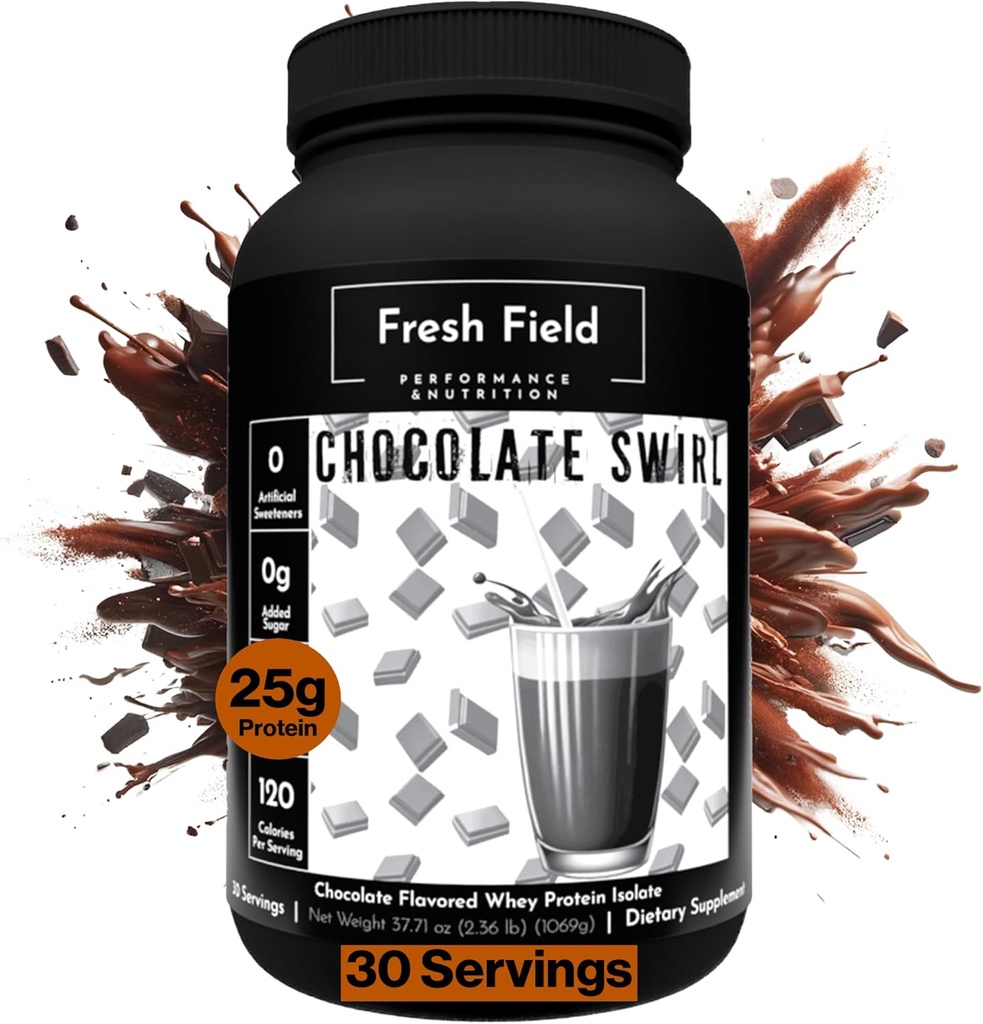 Fresh Field Chocolate Proteine Powder - 25g Wei Proteïne Isolaat, Glutenvrij & Sojavrij, Suikervrij, 30 Servers - Natural Wei Proteïne Powder for Workout Fitness & Nutrition Shakes - 2,36 lb