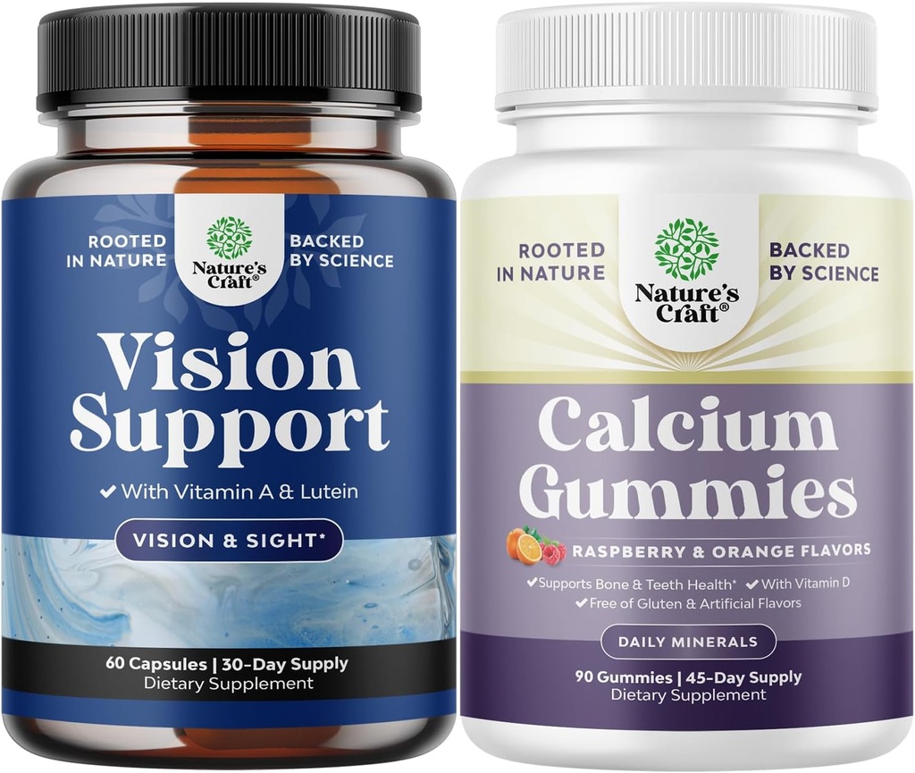 Bundle of Complete Eye Health Supplement for Adults - Lutein 20mg Per Serving for Vision & Blue Light Protection with Beta Carotene and High Absorption Calcium Gummies with Vitamin D3 for Bone Health