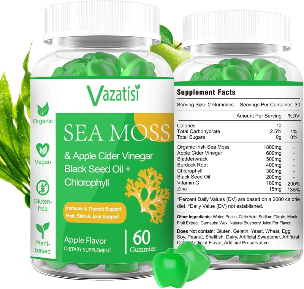 2 Pack Organic Irish Sea Moss Gummies with Black Seed Oil, Chlorofyl - Thyroid, Mood, Energy & Immune Support - Women & Men, Adult & Kid - 120 Vegan Gummies