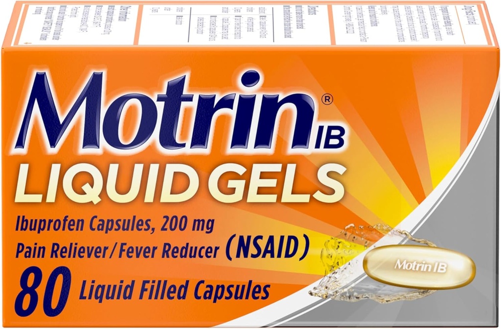 Motrin IB Ibuprofen 200mg Liquid Gels, Ibuprofen Pain Reliever & Fever Reducer voor volwassenen, Relief of Minor Artritis Pain, Muscle Aches, Hoofdpijn, Menstrual Cramps & Backache, 80 ct
