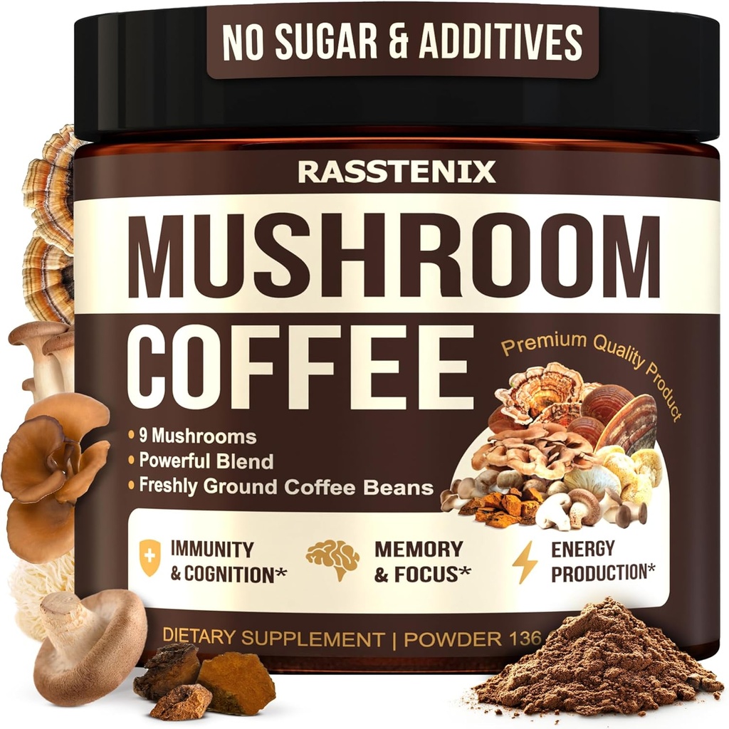 Paddestoelen Koffie Biologische - 9 Paddestoelen Adaptogen Mix - Lion's Mane, Chaga, Turkije Tail, Reishi, Shiitake - Instant Paddestoelen Koffie voor Gut Health, Energie, Geestelijke Duidelijkheid - 60 Servers
