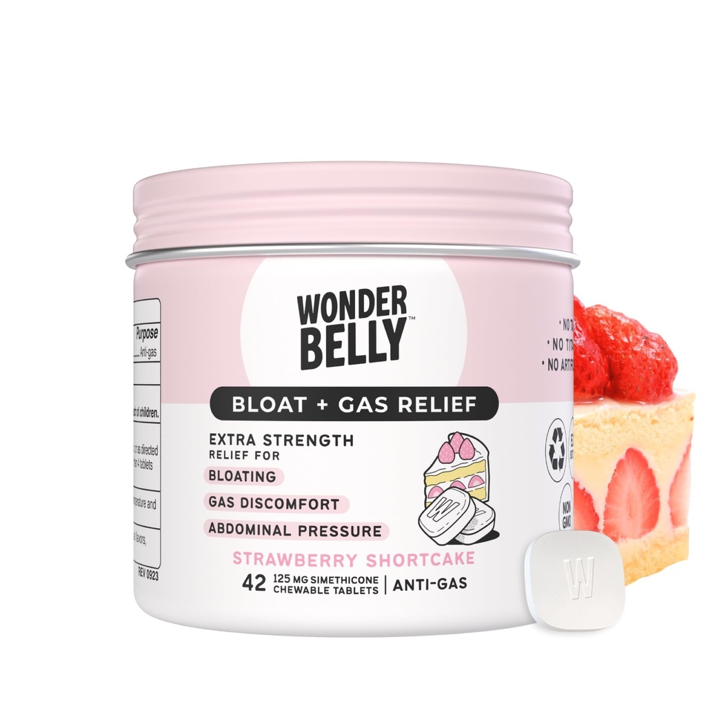 Wonderbelly Bloat + Gas Relief, Extra Sterkte Kauwtabletten, met 125 mg Simethicon, Geen Talk of Dye, Aardbei Shortcake, 42 Tellen