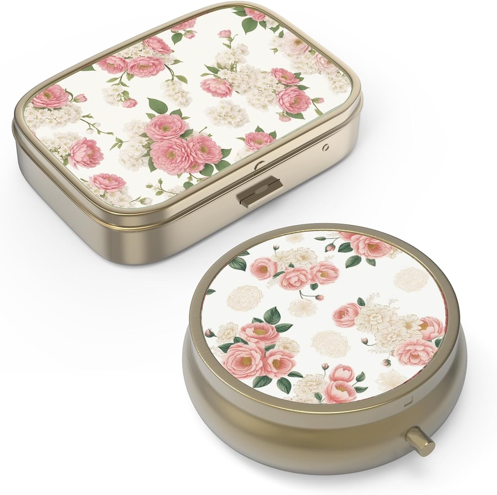 Pillen Organisator pil Box met spiegel Retro kleine pil geval voor Purse of Pocket bronzen pil Box of vitamines, visolie, supplementen, pil bevat reizen geschenken(2PCS-Retro roze bloem)