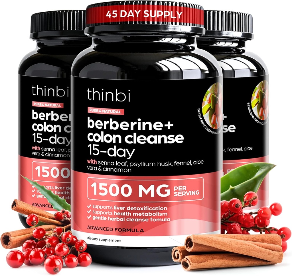 Colon Reiniging Berberine Supplement 1500mg - 3 Pack - 15-Day Extra kracht voor mannen & vrouwen w/Senna blad, snel-werkende natuurlijke Laxative voor constipatie Relief, Gut Health - Made in USA