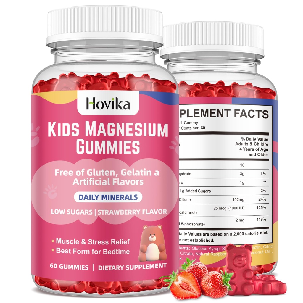 Magnesium Citrate Gummies voor kinderen - Great Proef Kids Magnesium Calm Supplement Ondersteuning Nerve & Bone Health, Sterke spier voor kinderen Wellness, Vegan Strawberry Flavor Low-Sugar, 2 Pack-60 Tellen