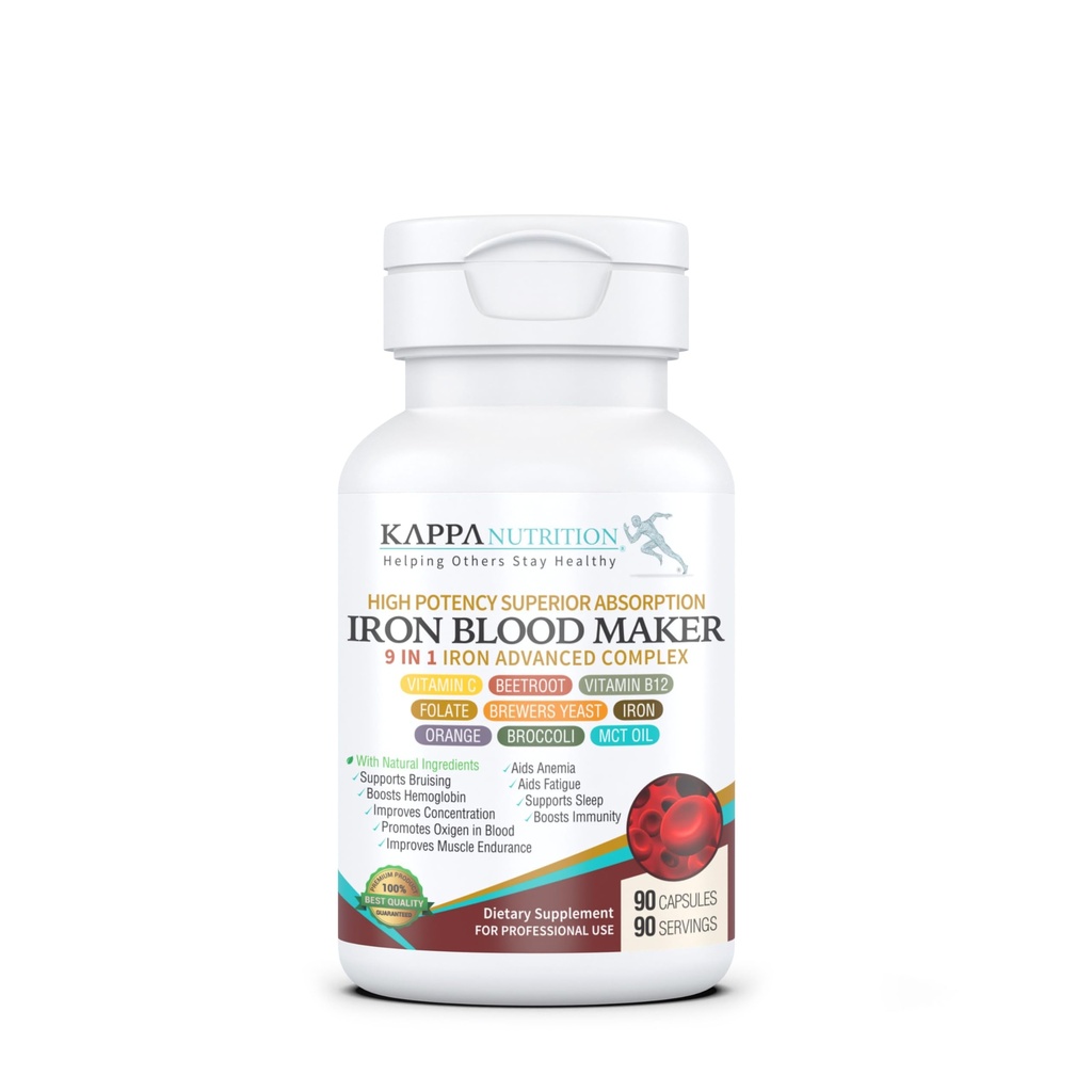 KAPPA NUTRITION Iron 26mg, Vitamine C & Orange 150mg, Folaat 667mcg DFE, Vitamine B12, Rode bieten, Brouwers Gist, Broccoli & MCT Oil 9 in 1 Geavanceerd Complex (90 Capsules)