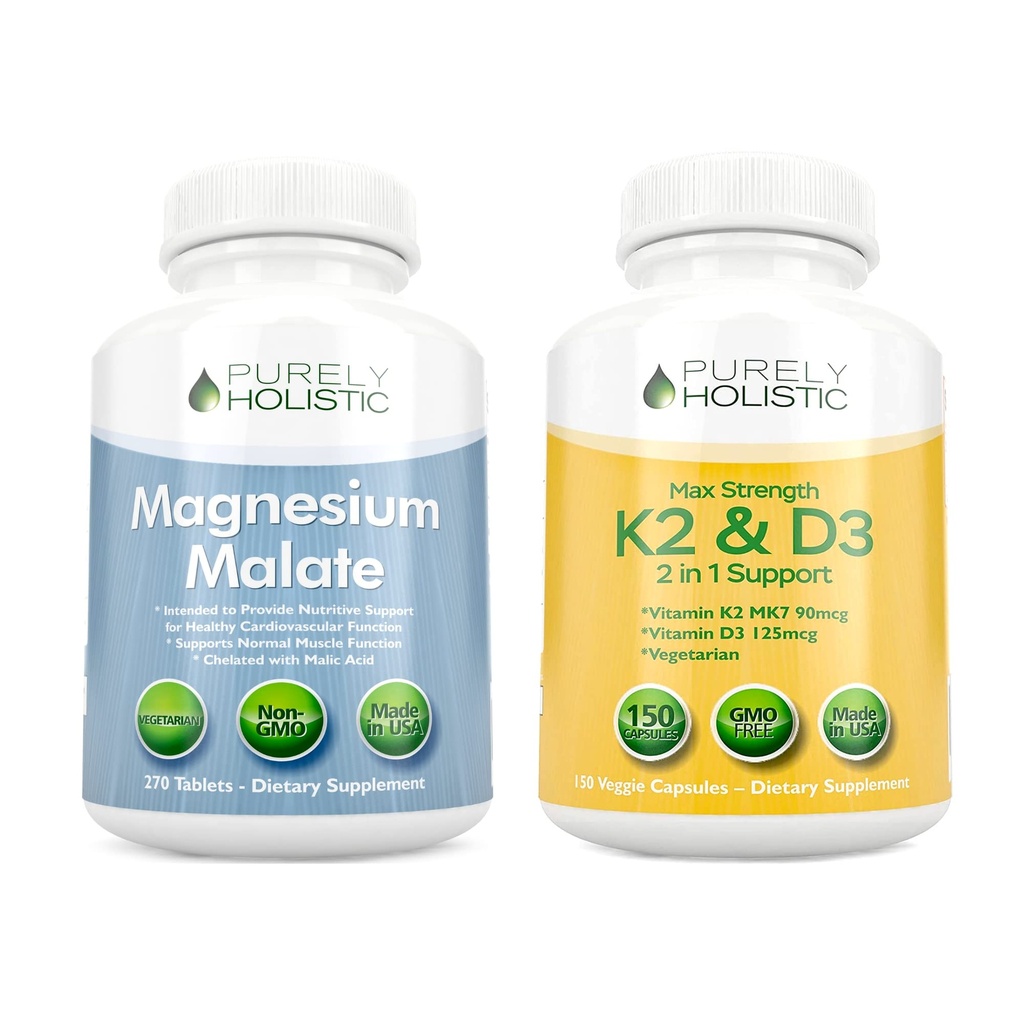 Pure Holistische Magnesium Malate 400mg + Vitamine D3 125mcg K2 MK7 90mcg - 270 tabletten & 150 capsules - Vegetarische bundel - Made in USA