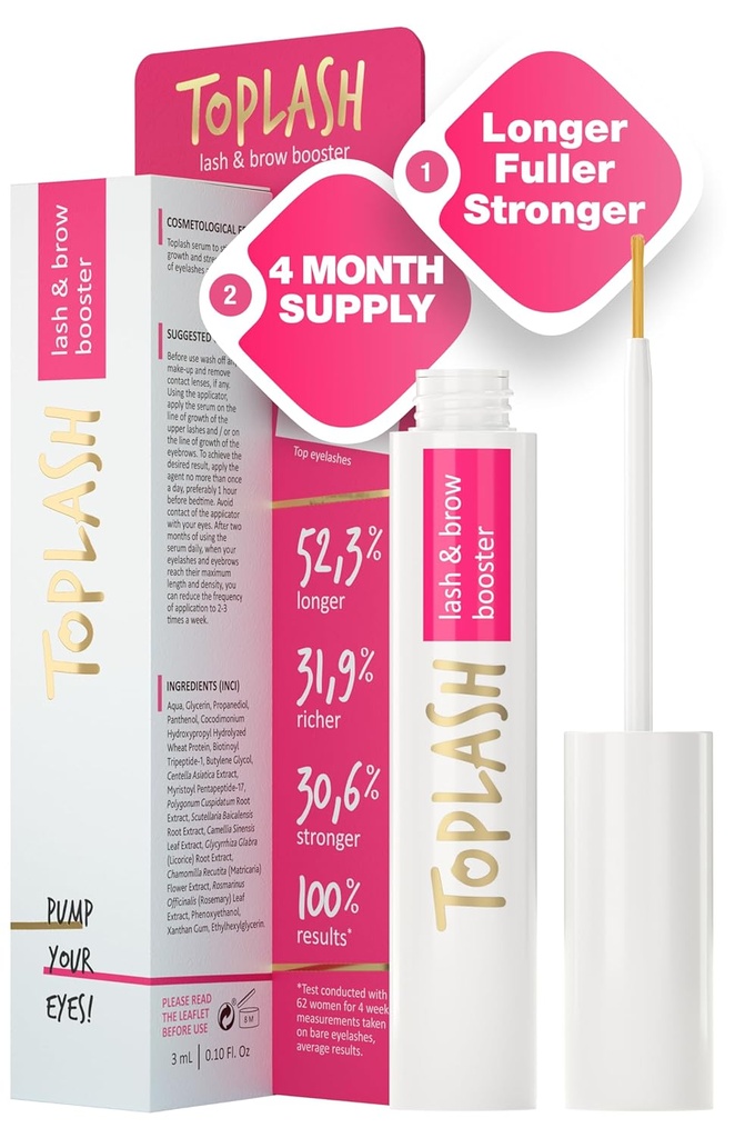 TOPLASH Eyelash Growth Serum - innovatieve formule voor langere, dikkere, vollere wenkbrauwen en wimpers - natuurlijke, wrede en hypoallergeen - 0,10 f.oz.