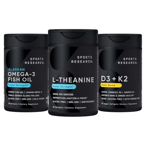 Sports Research Body Wellness Pack - Double Strength L-Theanine (Suntheanine) Supplement 200mg, Triple Strength Omega 3 Fish Oil (1250mg) and Vegan Vitamin D3 (5000 IU) + K2 (100mcg Mk7)