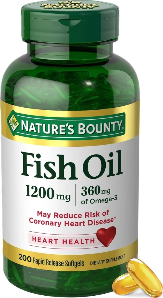 Nature's Bounty Fish Oil Omega 3 Supplementen - Ondersteunt de gezondheid van het hart, 1200 Mg Visolie, Omega-3, 200 Softgels (pakket van 1)
