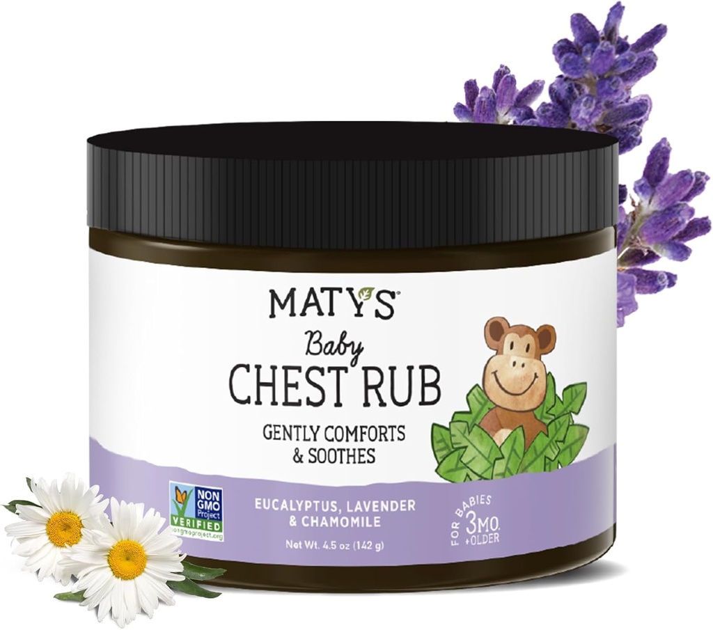 Matys Baby borst Rub, verzachtende congestie Verlossing Vapor Rub voor baby's 3 maanden oud +, Clean & comforting Eucalyptus, Lavendel, & kamille voor slaap, non-GMO, Petroleum Free, Menthol Free, 4.5 oz Tub