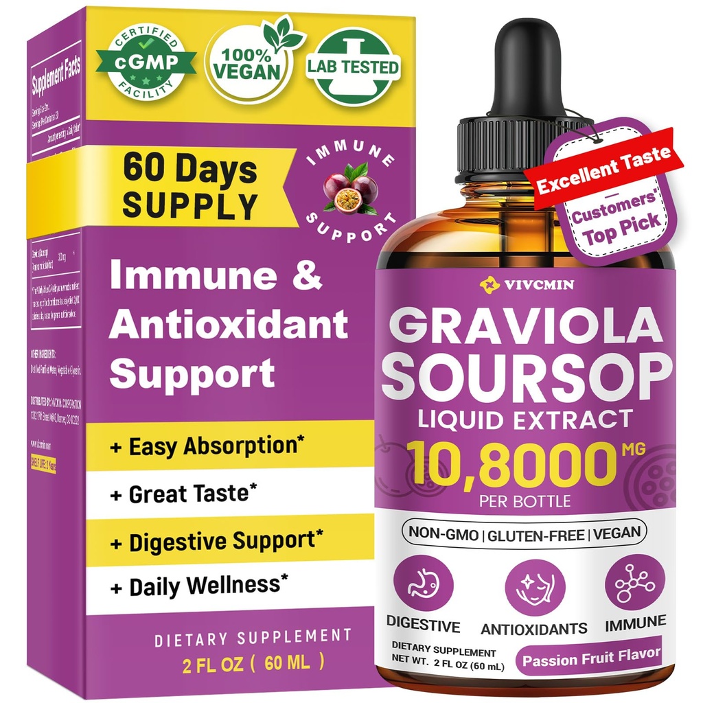 Graviola Soursop Leaf Extract Liquid - Soursop Bitters Liquid, Support Immune, Relax, Lever en Slaap, Suiker & alcoholvrij, Zeer absorberende formule, Passion Fruit smaak, 2 Fl Oz