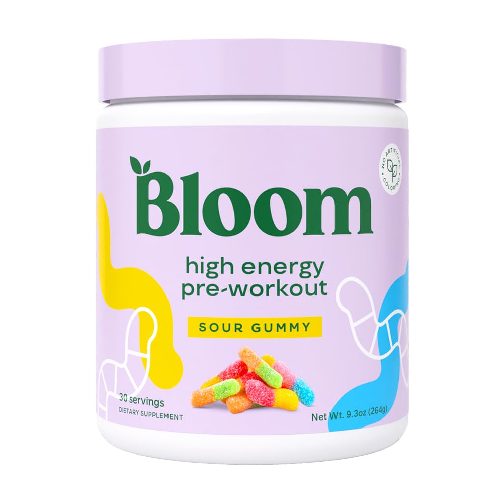 Bloom Nutrition High Energy Pre Workout Powder, Amino Energy with Beta Alanine, Ginseng & L Tyrosine, Natural Cafeine Powder from Green Tea Extract, Sugar Free & Keto Drink Mix (Sour Gummy)