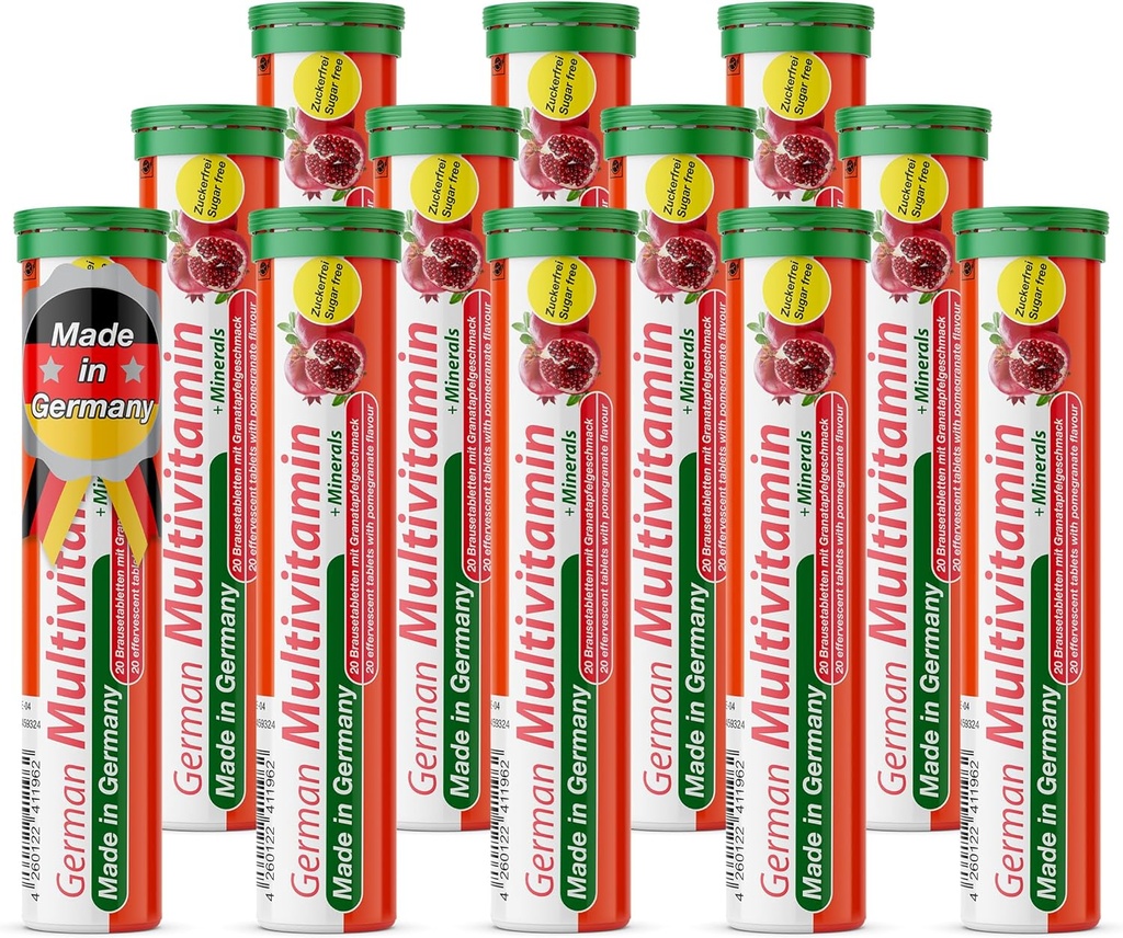 T&D Duitse Multvitamine + Mineralen 10 Vitaminen 2 Mineralen - 240 Veganische Drink Bruistabletten - Granaatappelsmaak - Made in Germany