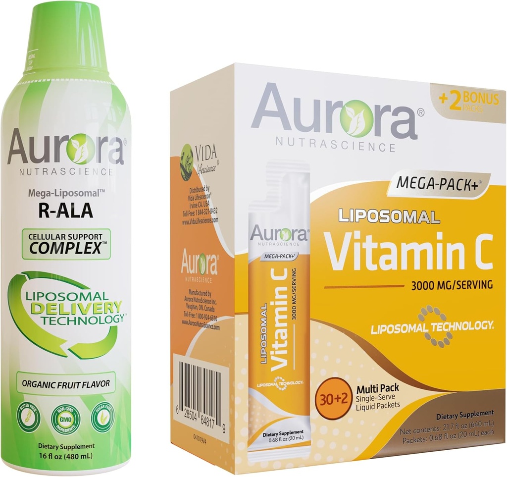 Aurora Nutrascience Mega-liposomale R-ALA met CoQ10 & L-Carnitine Complex & Mega Liposomale Vitamine C, 3.000 mg bundel