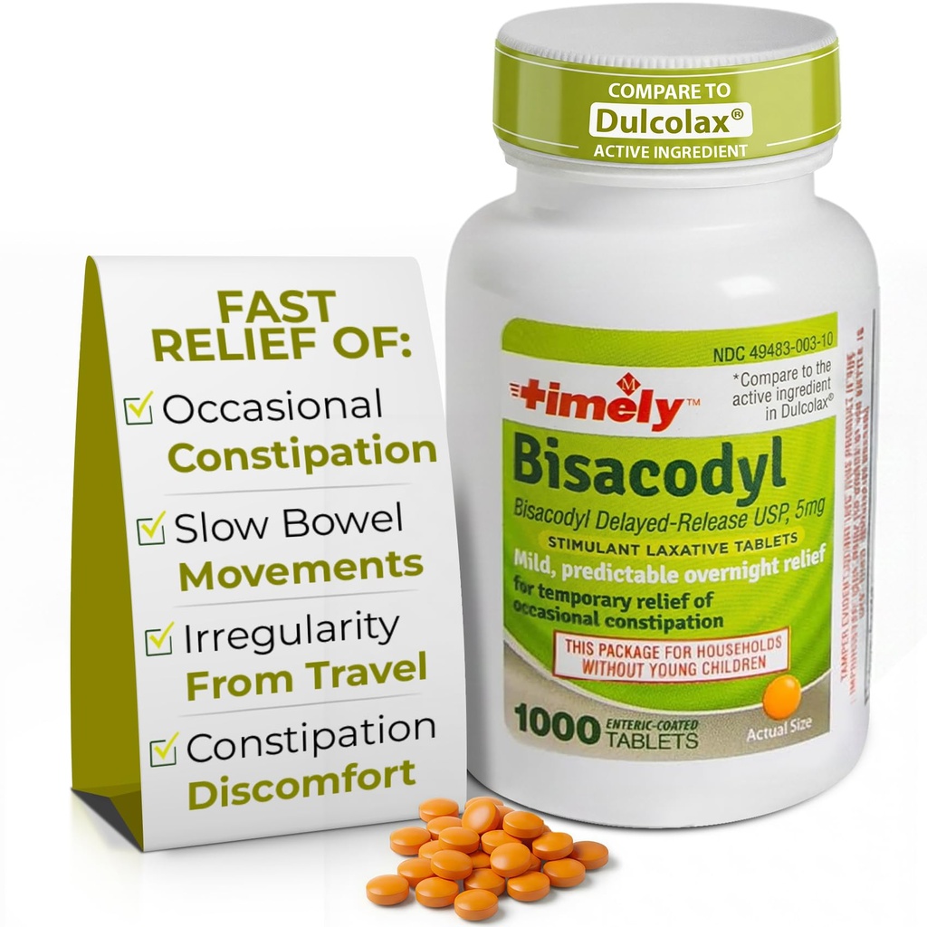 Tijdige Laxatieve Bisacodyl 5 mg tabletten - Stimulant Laxatives for Constipatie Fast Acting & Gentle - Overnight Constipatie Relief for Adults -1000 Tablets