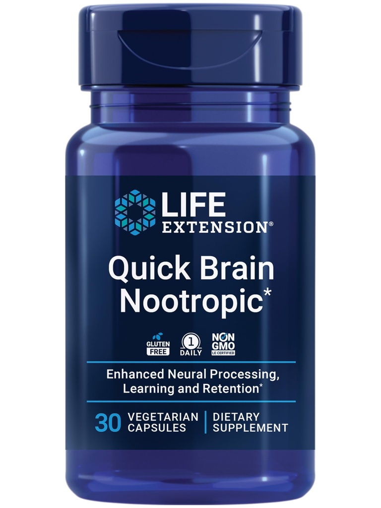 Life Extension Quick Brain Nootropic, Fast Thinking, Learning, Concentratie, Lutein, zeaxanthine, gotu kola, bacopa, Glutenvrij, Niet-GMO, Vegetarisch, 1 Dagelijks, 30 Capsules