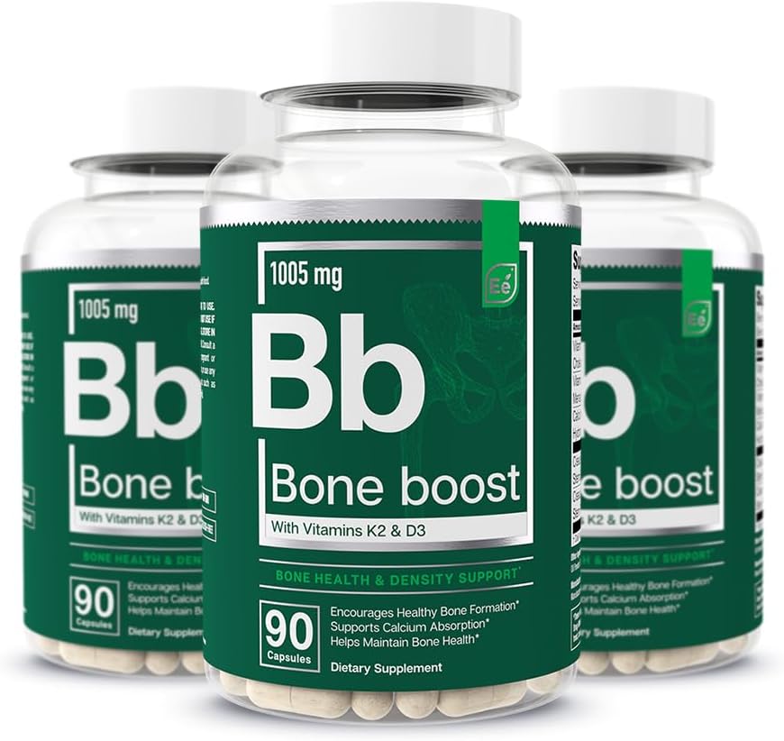 Essentiële elementen Bone Boost Health Supplement - Bone Support en calciumsupplement met vitamine D 3, K2, Cissus Quadragularis voor botsterkte - 270 capsules (90 dagen levering) (3-pack)