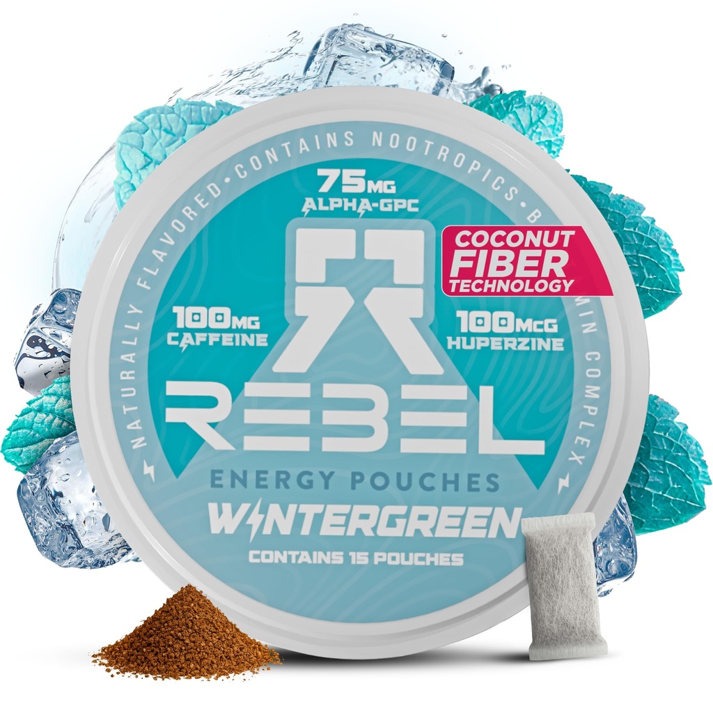 Nootropic Energy Cafeïne zakjes • 100mg Cafeïne • Alpha GPC • Huperzine A & Essential Vitamins • Sugar-Free • Coconut Fiber Technology • Wintergreen Flavor • 15 zakjes per blikje (verpakking van 1)