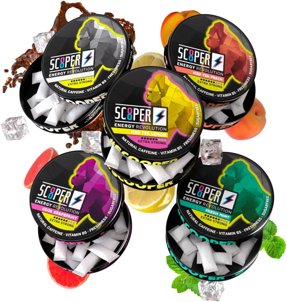 Scooper Energy I 5 blikken I All-in-One-Box I Energie zakjes Suikervrij I 80 mg Natuurlijk Cafeïne Alle smaakpakket I 12 zakjes I Cool Grapefruit, Verse munt, Iced Cola, Iced Peach & Lemon Tea