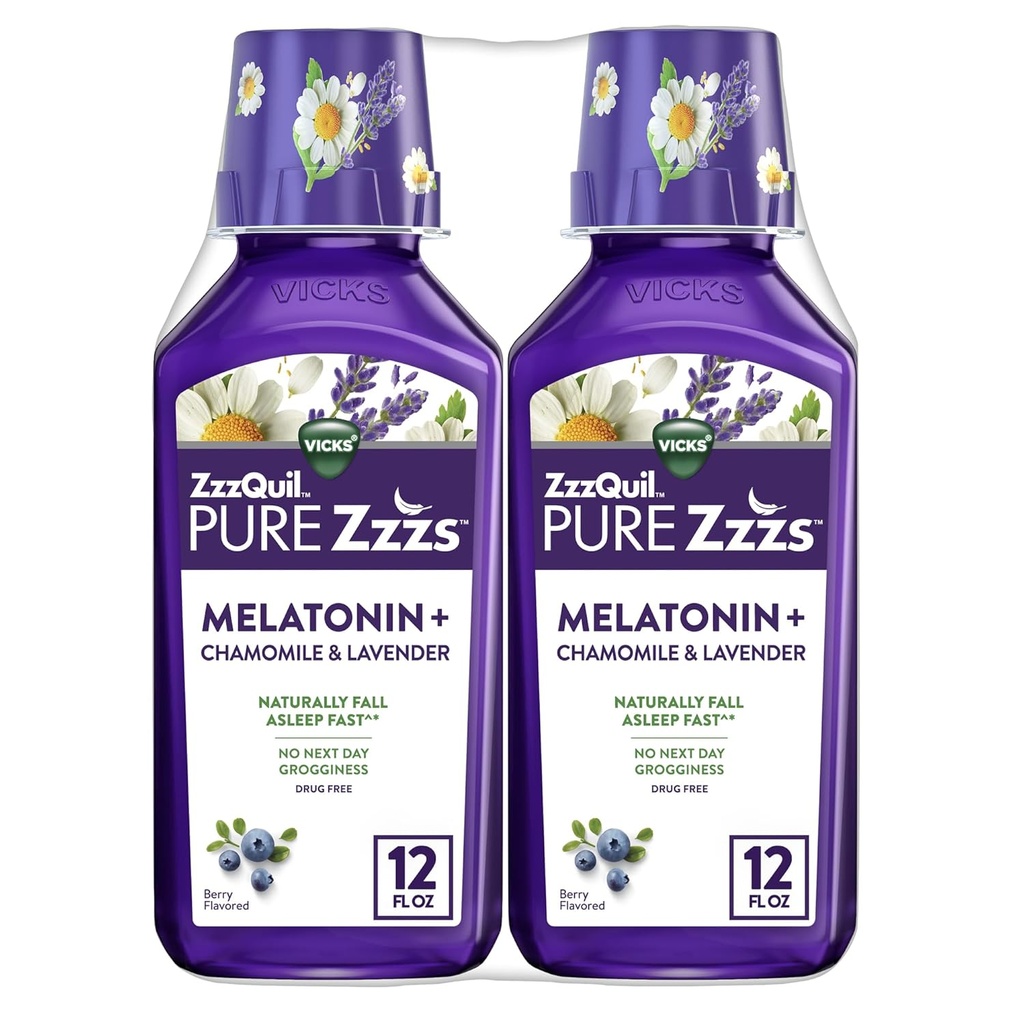 ZzzQuil Pure Zzzs Melatonine Liquid, Slaaphulp, Liquid Melatonine 2mg, met kamille & Lavendel, Val Slaap Snel, Melatonine Slaapmiddelen voor volwassenen, Berry Flavored, 2 Pack, 24 FL OZ