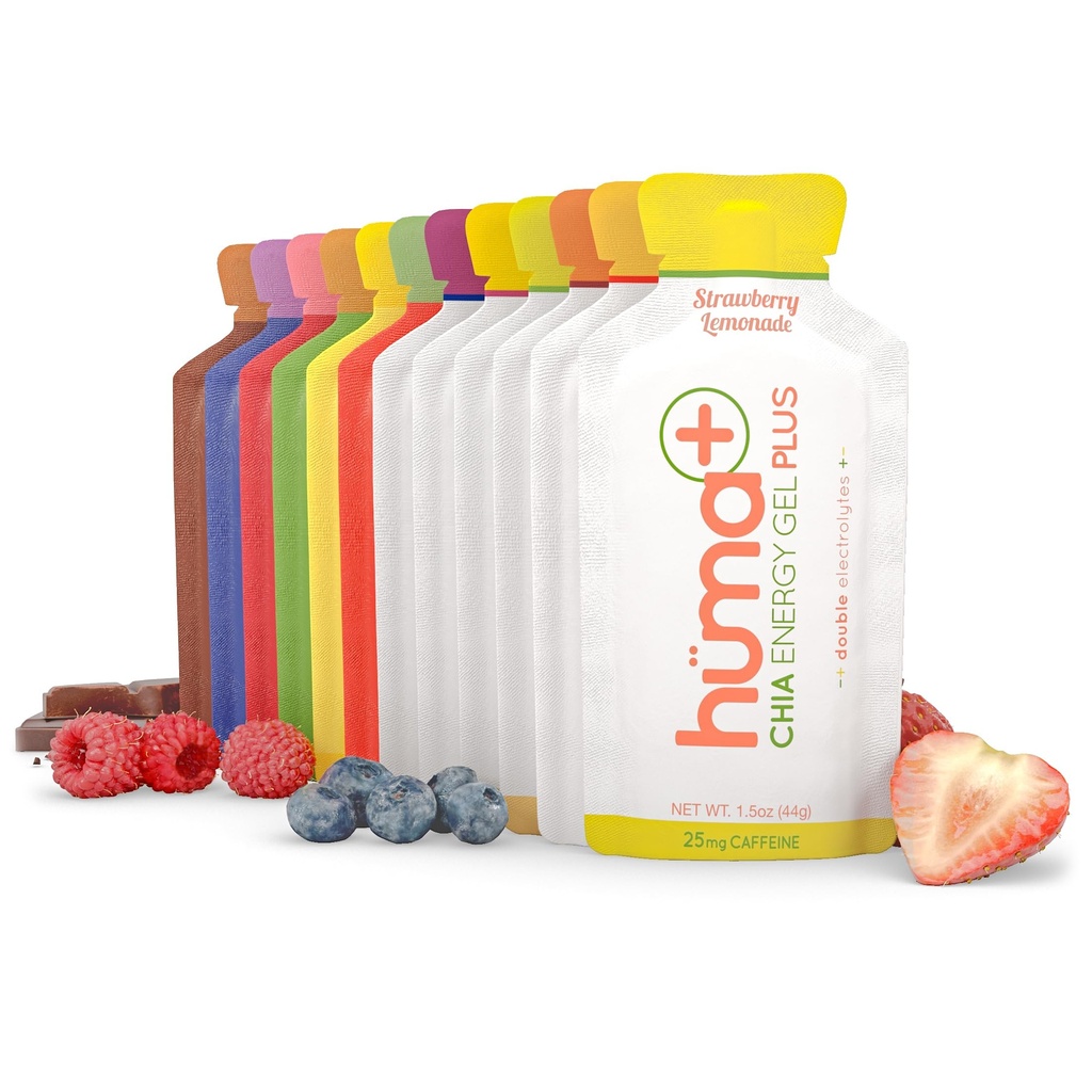 Huma Plus (Dubbele Elektrolyten) Chia Energy Gel, Variety Pack - Maagvriendelijk, Real Food Energy Gels (6 Origineel en 6 Plus Gels)