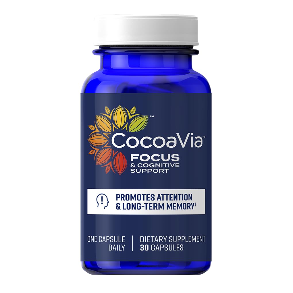 Cocoavia Geheugen & Focus Hersensupplement, 30 dagen, Cocoa Flavanol Blend, Luteïne, Toegevoegd Cafeïne voor Boost. Verbeter Cognitieve functie, aandacht, Vegan & Plant Based, 30 capsules