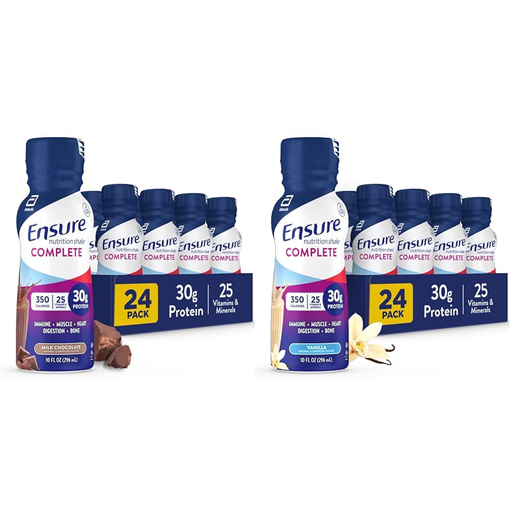 Zorg voor VOLLE Voeding Schudden met 30g proteïne, Immune Health Nutriënten, Chocolade en Vanille smaken, Pack van 24 (10 fl oz)