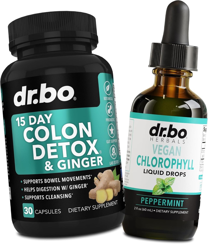 Colon Cleanser Detox & Chlorophyl Liquid Drops - 15 Day Colon Cleanse Pills with Ginger, Liquid Chlorophyll Drops Odor Body Detox Internal Deodorant - Bowel Movement Supplements Intestinal Gut Support