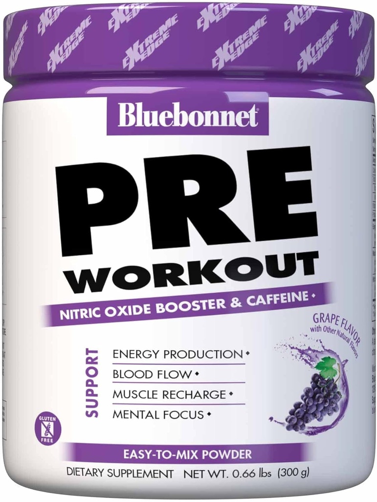 BlueBonnet Nutrition Extreme Edge Pre workout, Verhoogt Nitric Oxide (NO) niveaus- 30 porties, druivensmaak, 10,56 Oz