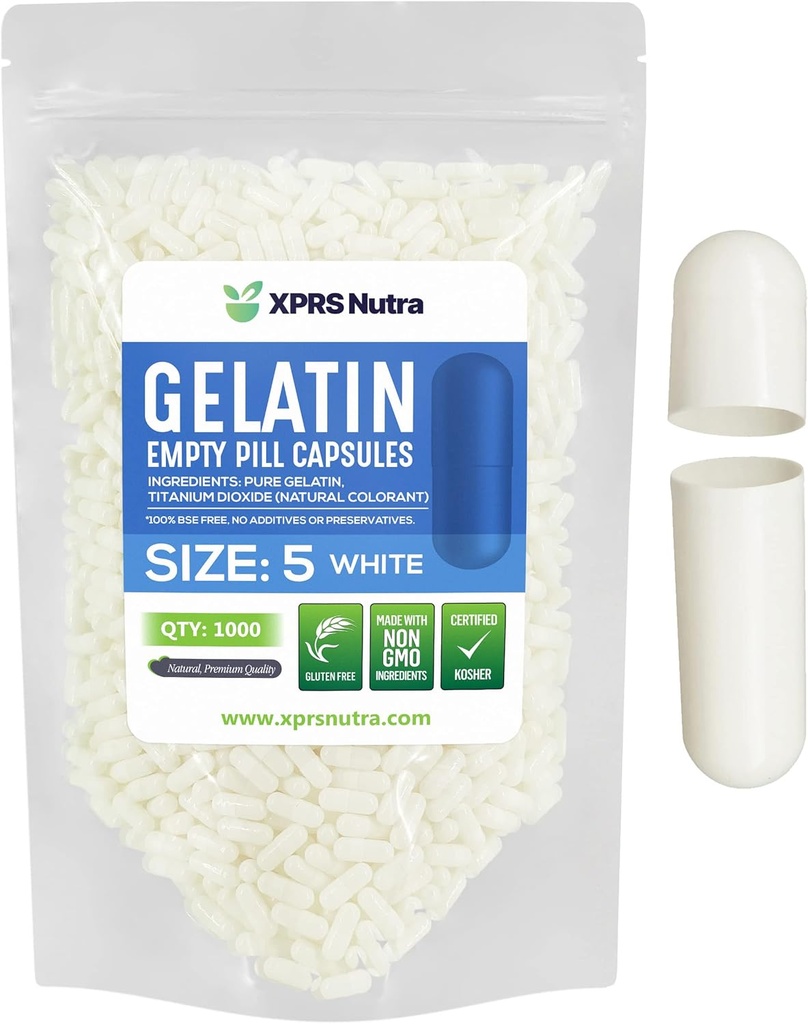 XPRS Nutra Maat 5 Lege Capsules - 1000 Tellen Zeer kleine Lege Gelatine Capsules - Pillen DIY Capsule vullen - Vulbare Pill Gel Caps voor Do-It-Yourself Vitamine Supplementen (White)