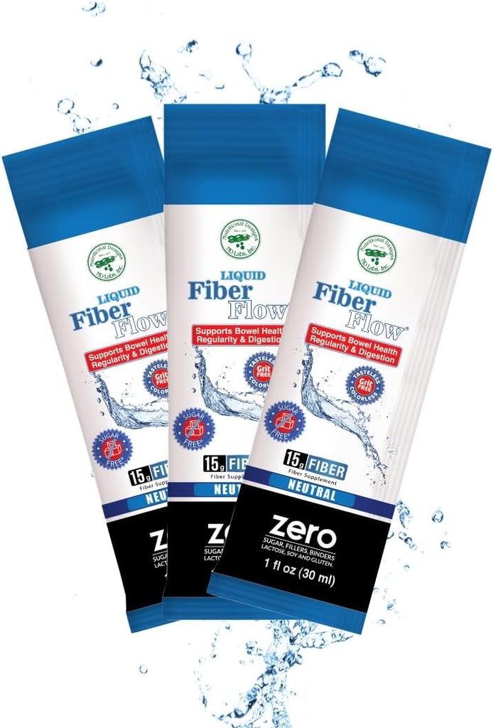 Nutritional Designs Liquid Fiber Flow Sugar-Free Prebiotic Inulin Fiber Supplement, All Natural Bowel Regularity Drink for Healthy Intestinal Balance, 100 Packets
