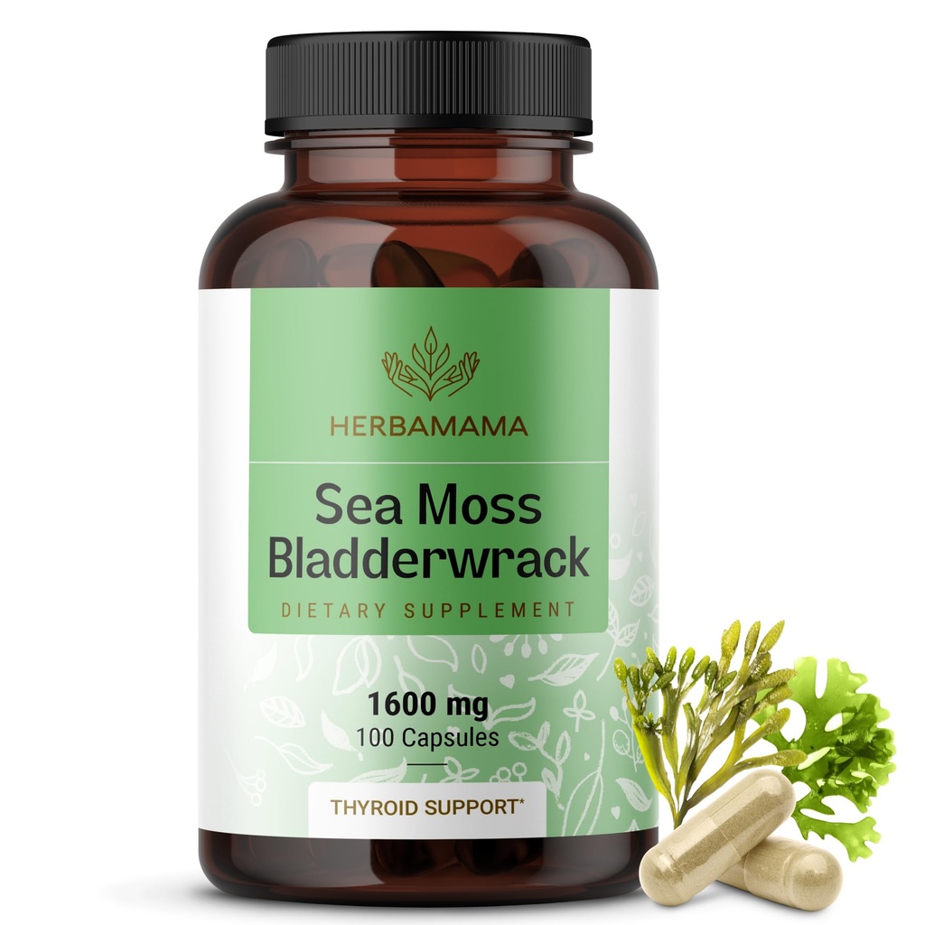 HERBAMAMA Sea Moss and Bladderwrack Capsules - 1600mg Irish Sea Moss for Immune Support - Vegan, Non-GMO Immunity Supplement for Algehele Support