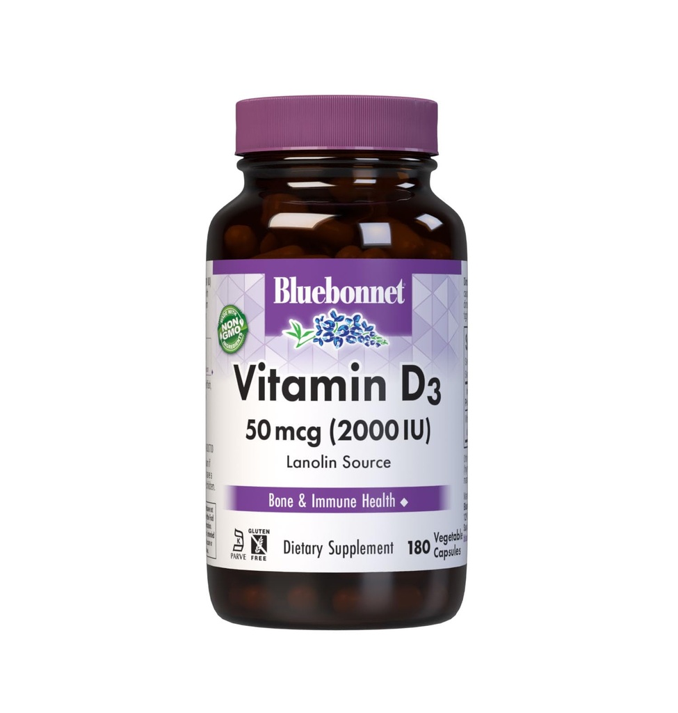 Bluebonnet Voeding Vitamine D3 2000 IE Plantaardige Capsule, Hulp bij spier- en skeletgroei, Cholecalciferol van Lanoline, D3, Non GMO, Glutenvrij, Sojavrij, Melkvrij, Kosjer, 180 Plantaardige Capsule