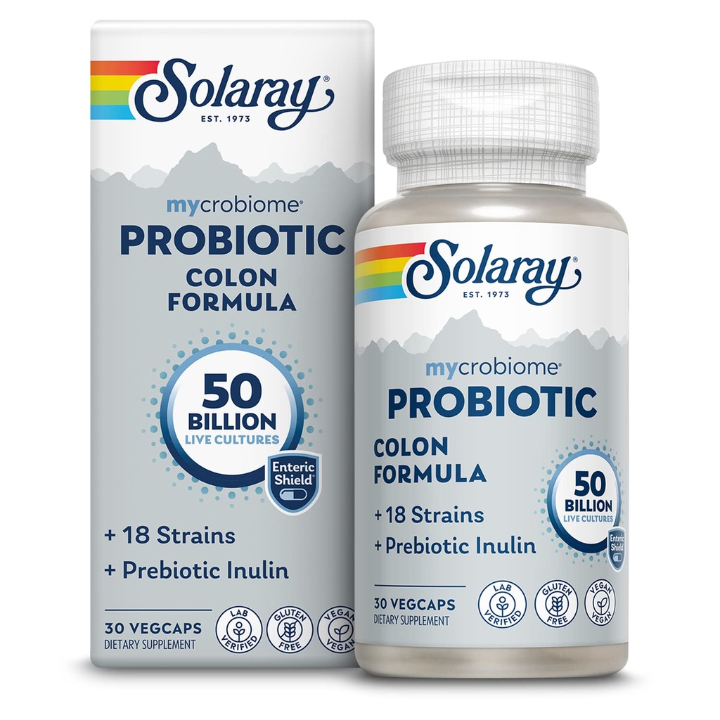 SOLARAY Mycrobiome Probiotic Colon Formula, Vegan, Digestive Function, Colon Health, and Immune System Support, 50 Billion CFU, 18 Strains, Prebiotic Inulin, 60-Day Guarantee, 30 Servings, 30 VegCaps