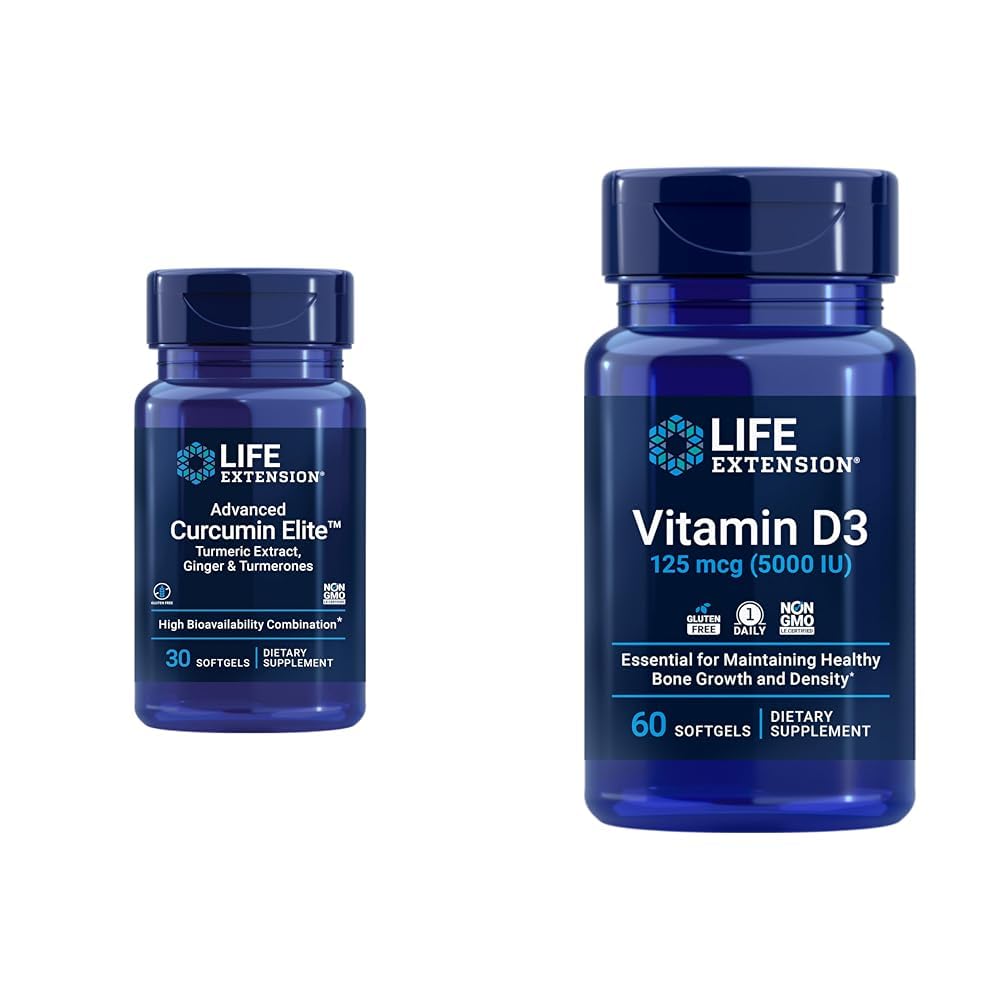 Levensverlenging Curcumine Elite Turmeric Gember Extract & Vitamine D3 5000 IE Softgels - Gezonde ontstoken immuunrespons en Bone Brain Health - 30 & 60 Tel.