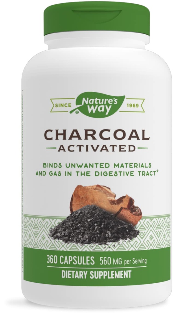 Nature's Way Geactiveerde Charcoal, Bind Ongewenste Materialen en Gas in de Digestive Tract*, 560 mg per 2-Capsule Serving, 360 Capsules (Verpakking mei Vary)