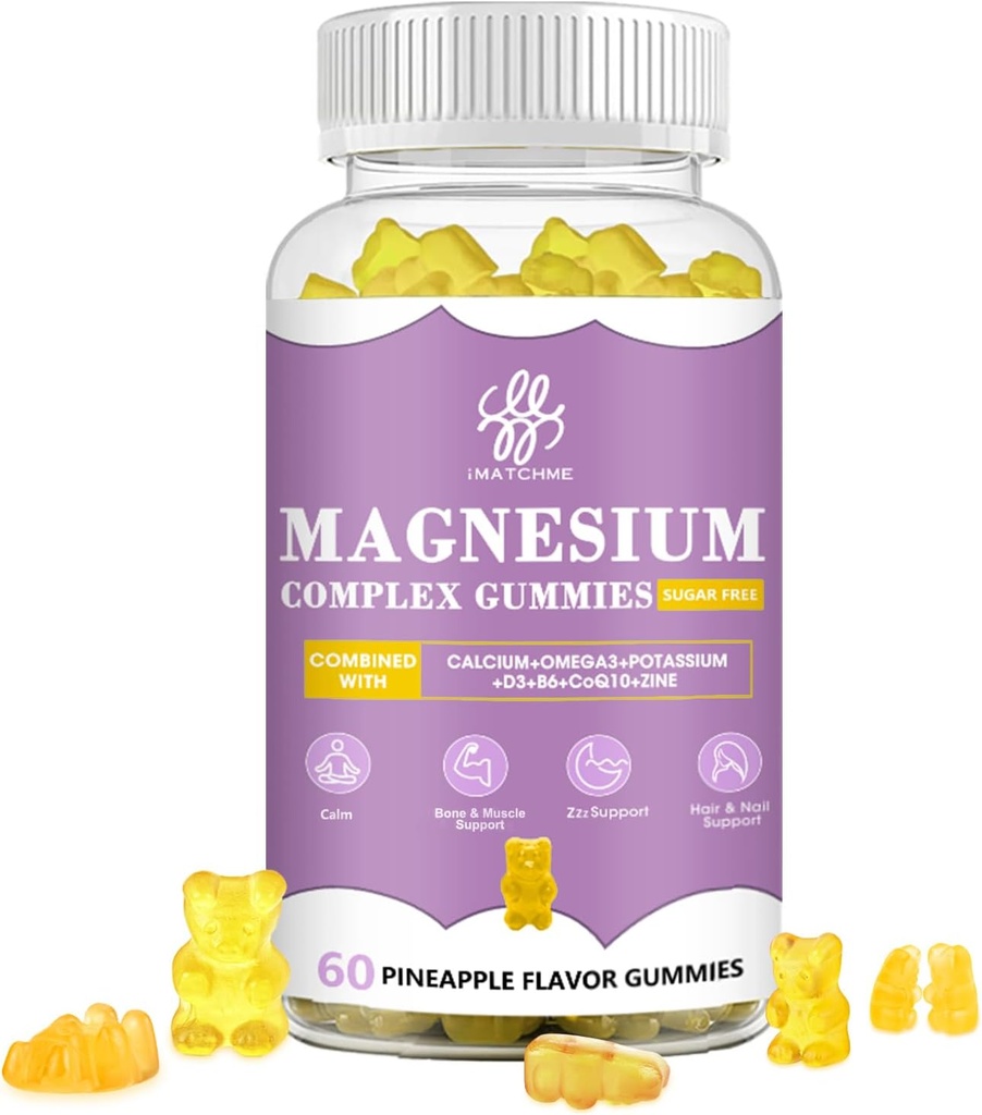 iMATCHME Magnesium Glycinate Gummies met Magnesium Malate, Taurate, Citrate, Kalium Complex Supplement met CoQ10, Calcium, Ondersteuningen voor geheugen, bot, Kalm, Slaap, 60 Ananas Gummies