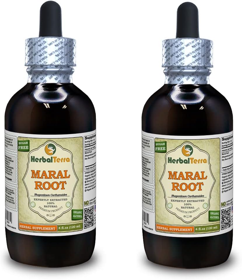 Maral Root (Rhaponticum Carthamoides) Tinctuur, Biologische gedroogde wortels Liquid Extract (Grote Naam: HerbalTerra, Trots Made in USA) 2x4 fl.oz (2x120 ml)
